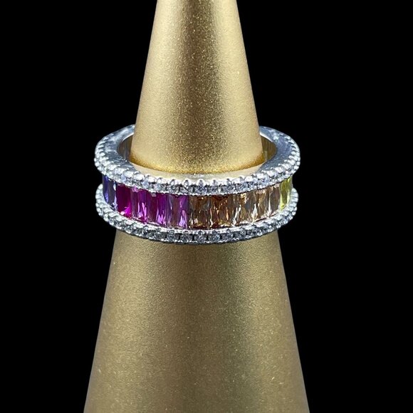 Rainbow Baguette Eternity Ring Silver Plated Size 6 Pride Y2K Bling Statement Gi - Picture 3 of 9